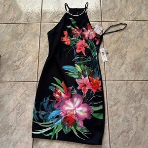 Bisou Bisou One Shoulder Black Dress with Floral Design